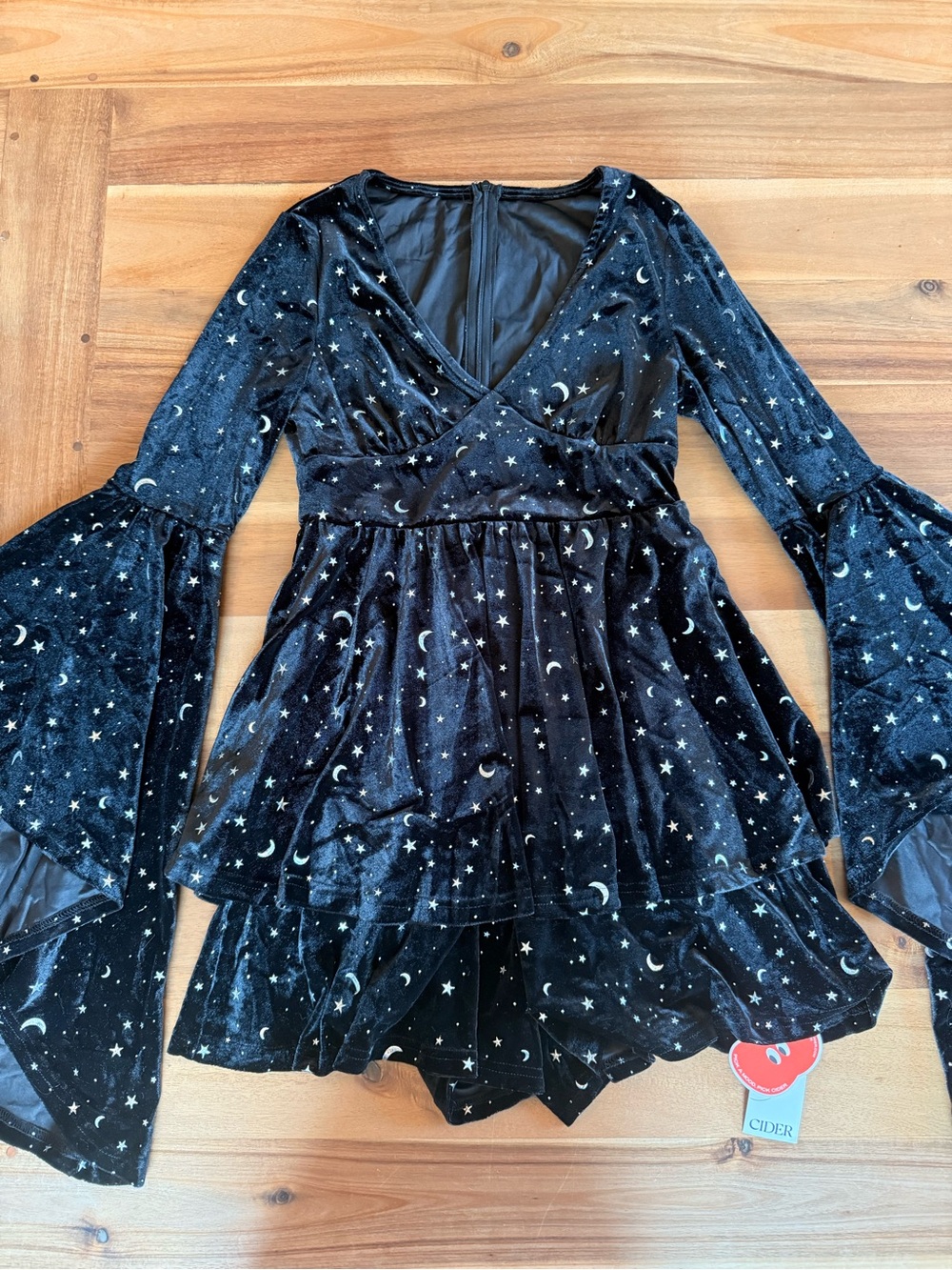 Cider Black Velvet Moon & Star Bell-Sleeve Romper